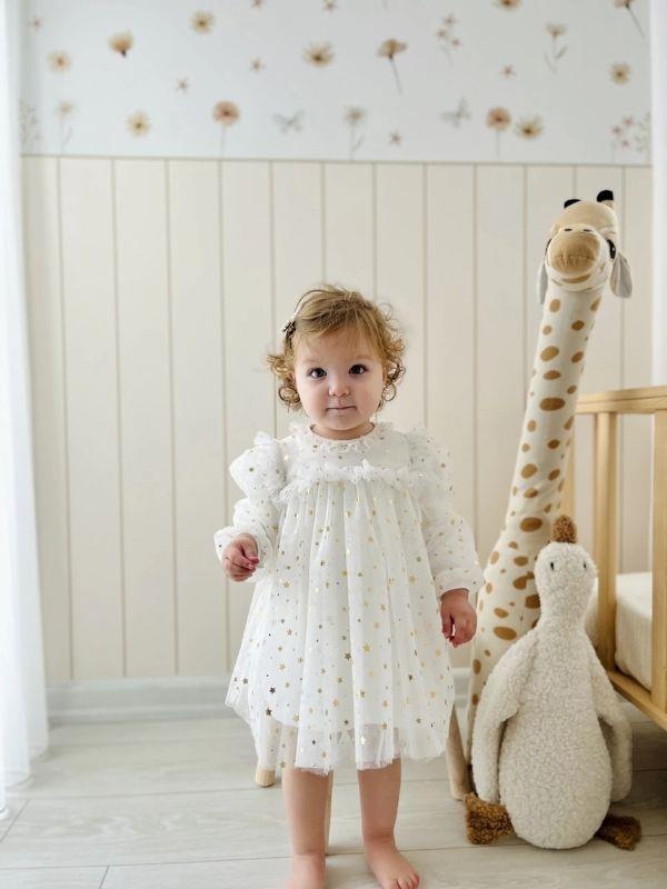 Kız Bebek Yıldızlı Uzun Kollu Tüllü Elbise
