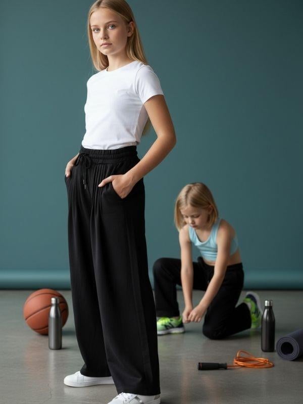 Kız Çocuk 3 İplik Nervürlü Tasarım Eşofman Alt