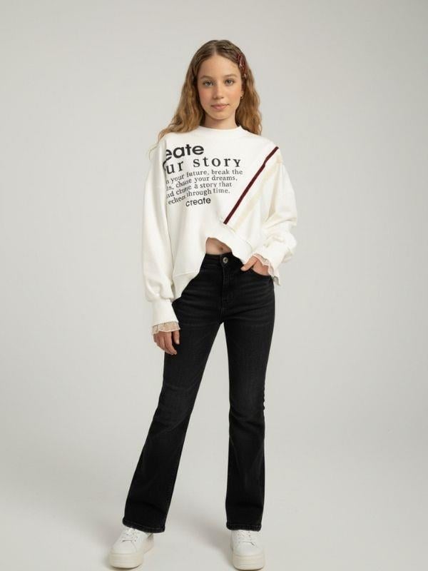 Kız Çocuk Asimetrik Kesim Güpür Detaylı Oversize Tasarım Sweatshirt