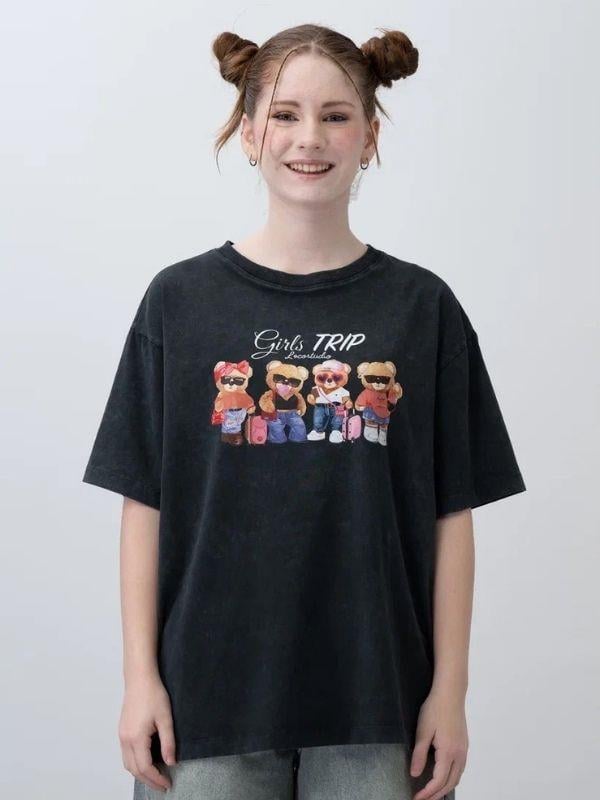 Kız Çocuk Ayıcık Baskılı Oversize T-shirt