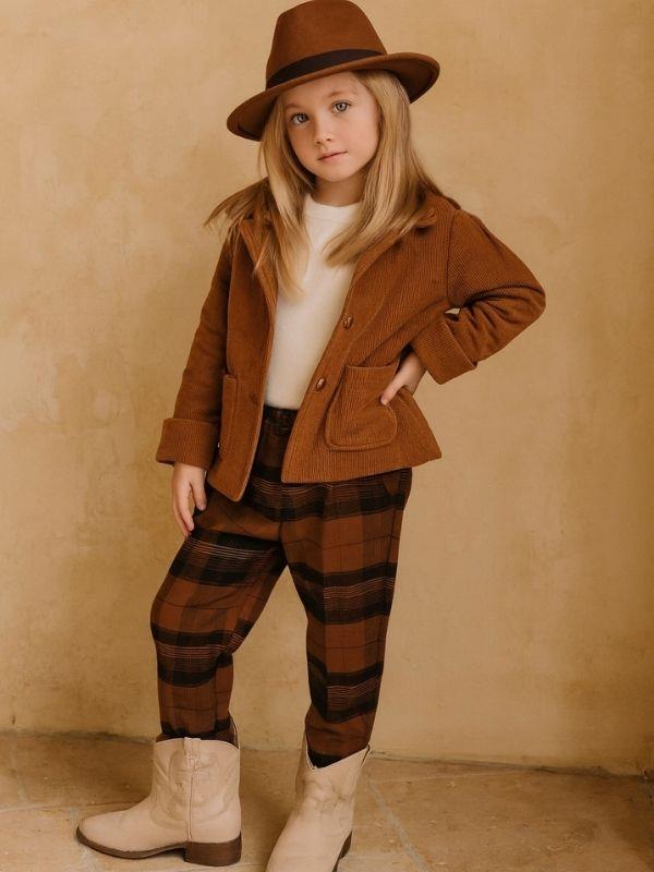 Kız Çocuk Bel Lastikli Ekose Paça Düğmeli Pantolon