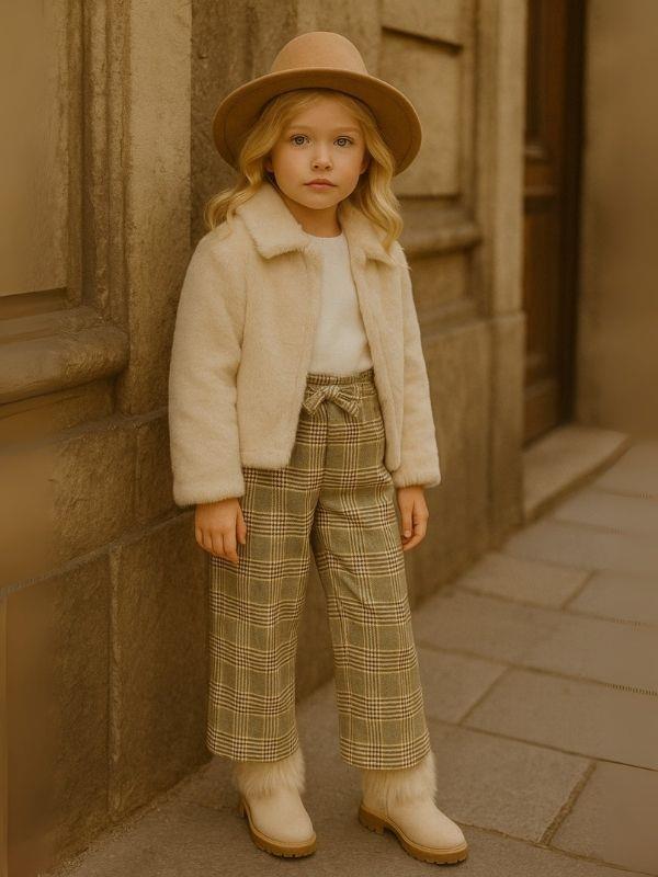 Kız Çocuk Bel Lastikli Ekose Simli Bol Paça Pantolon