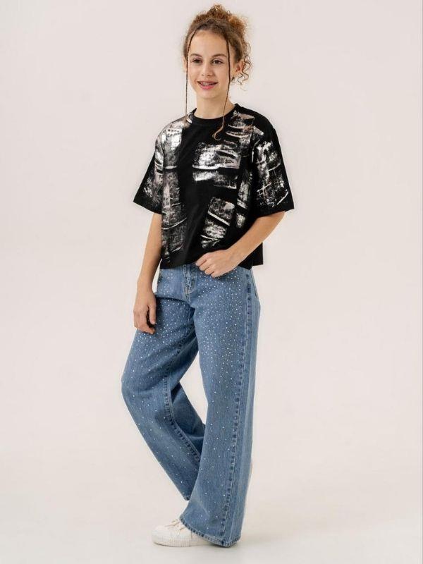 Kız Çocuk Bol Paça Taşlı Denim Pantolon