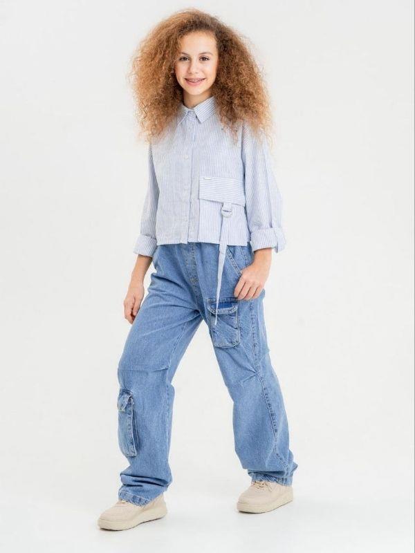 Kız Çocuk Büyük Cepli Pamuklu Çizgili Gömlek