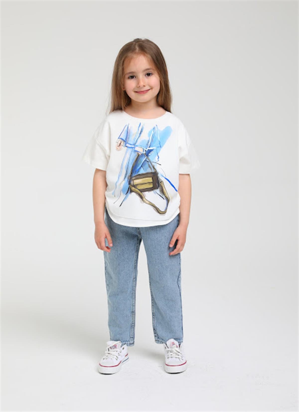 Kız Çocuk Çanta Baskılı Şık Tshirt