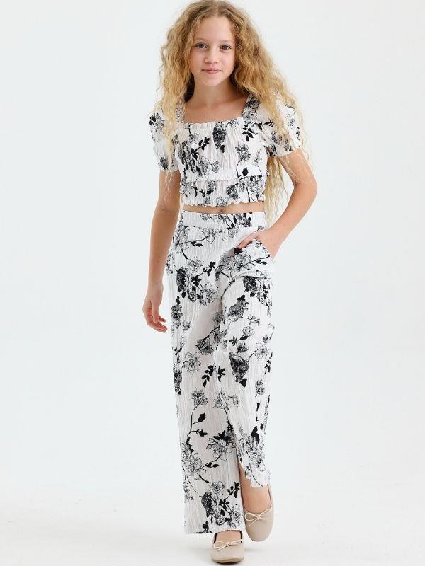 Kız Çocuk Çiçek Desenli Dokuma Pantolon