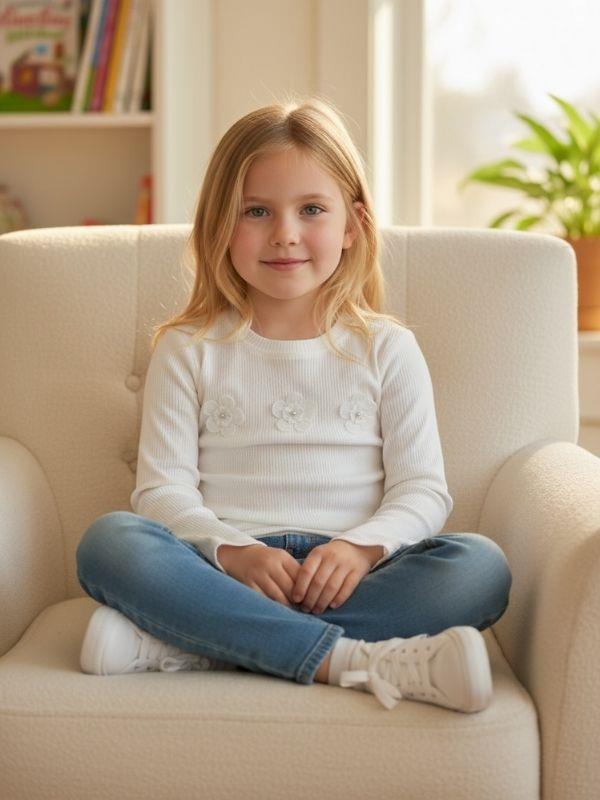 Kız Çocuk Çiçek Desenli Fitilli Uzun Kollu T-shirt