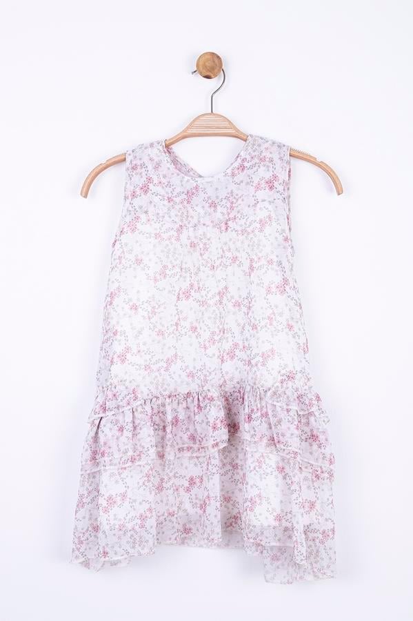 Kız Çocuk Çiçek Desenli İçi pamuk Astarlı Katlı Şifon Çiçek Desenli Elbise