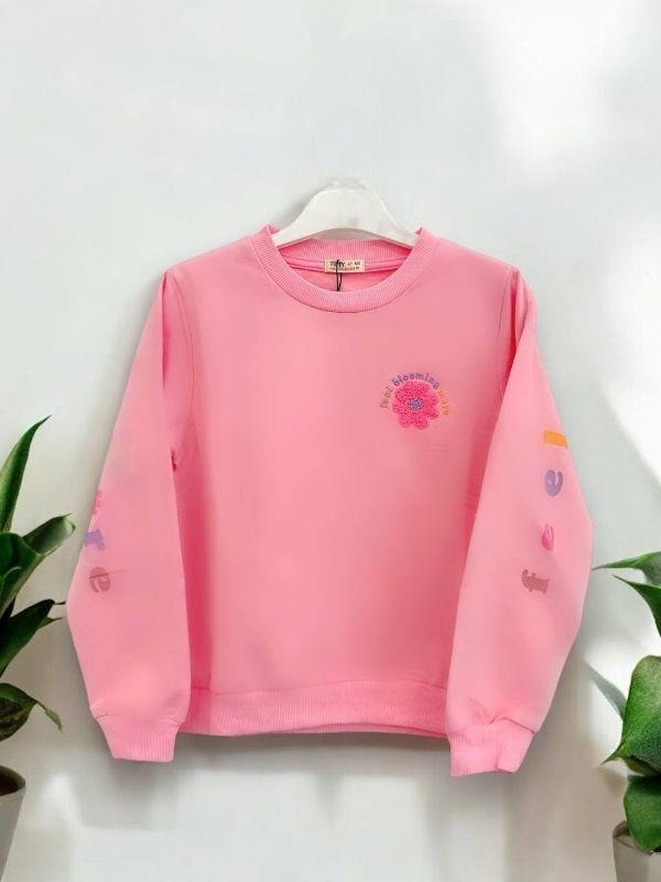 Kız Çocuk Çiçek Desenli Pamuklu Sweatshirt