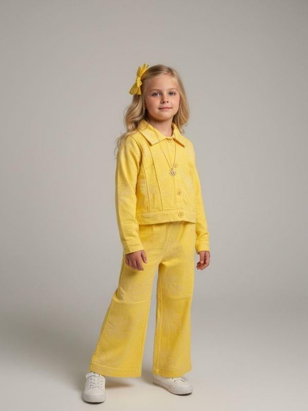 Kız Çocuk Çiçek Dokulu Geniş Paça Pantolon