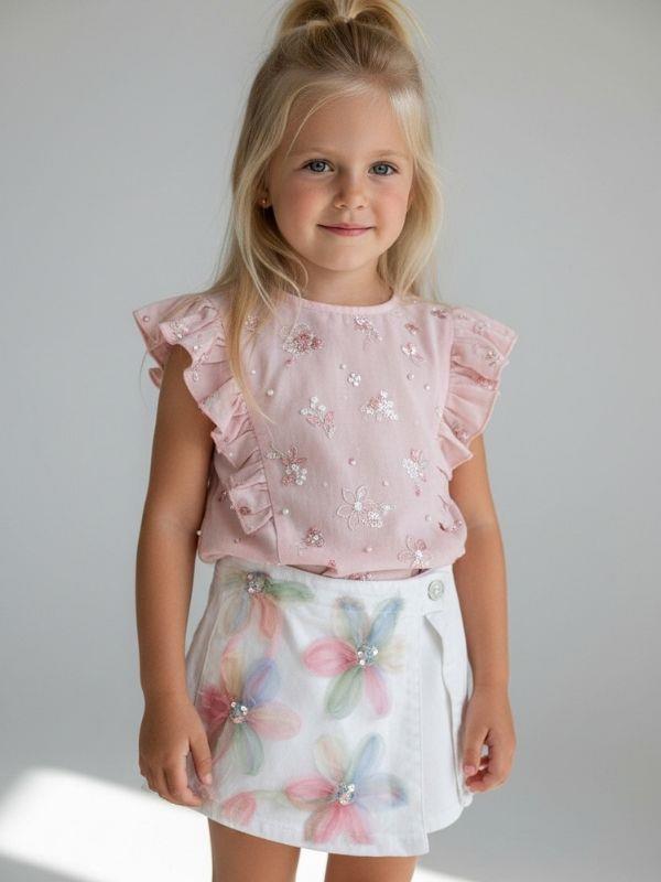 Kız Çocuk Çiçek İşleme Detaylı Şort Etek
