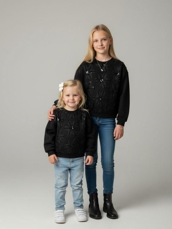 Kız Çocuk Çiçek İşlemeli Tasarım Sweatshirt