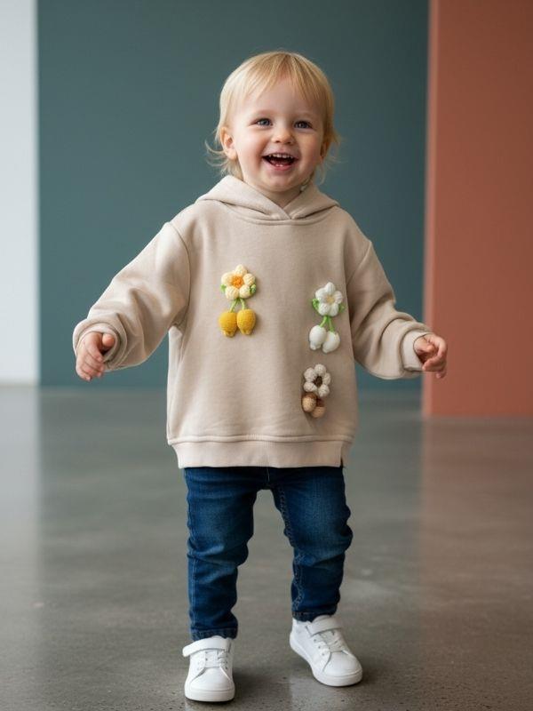 Kız Çocuk Çiçek Örgü Detaylı Kapüşonlu Sweatshirt
