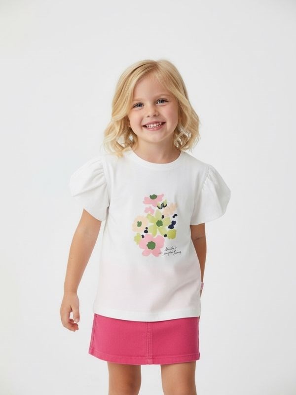 Kız Çocuk Çiçekli Kol Detaylı Tasarım T-shirt