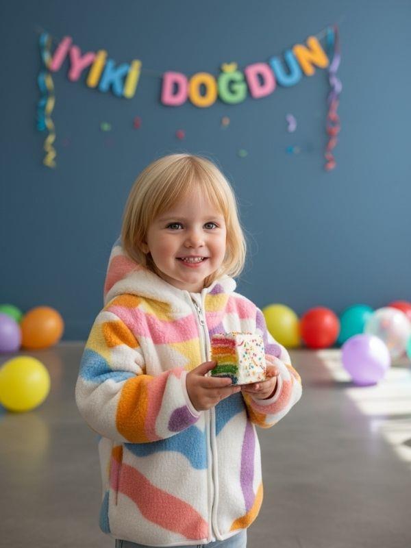 Kız Çocuk Desenli Kapüşonlu Polar Mont