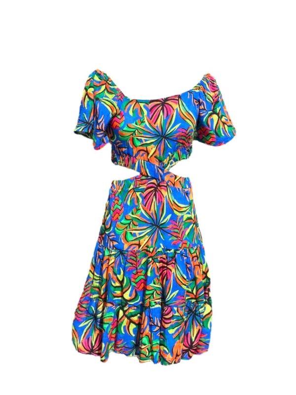 Kız Çocuk Desenli Yanları Dekoltetli Dokuma Elbise