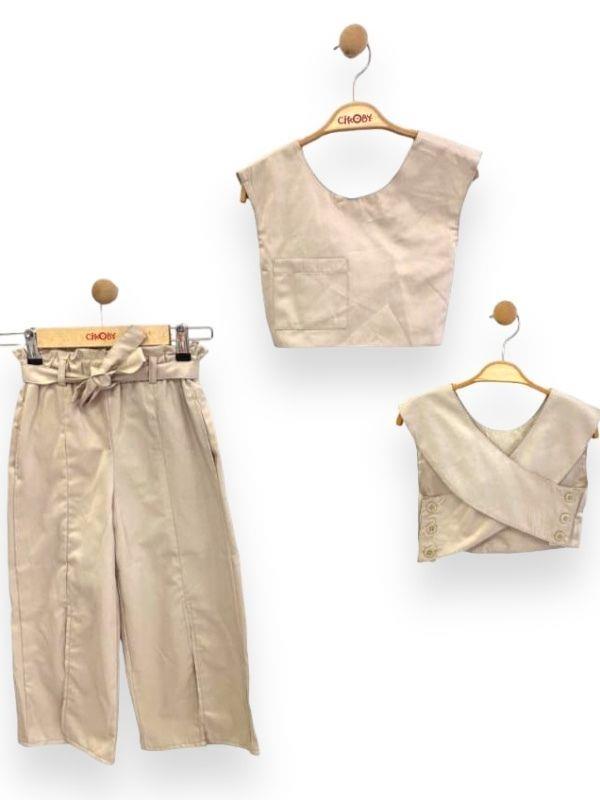 Kız Çocuk Dokuma Üstü Crop Bol Paça Yırtmaçlı  Pantolon Takım