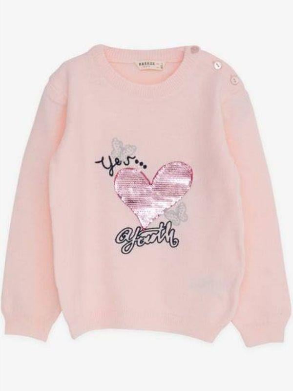 Kız Çocuk Döner Pullu Kalpli Kazak