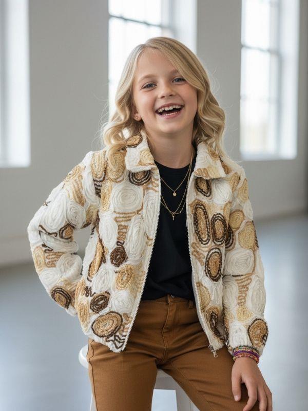 Kız Çocuk Fermuarlı Desenli Tasarım Ceket