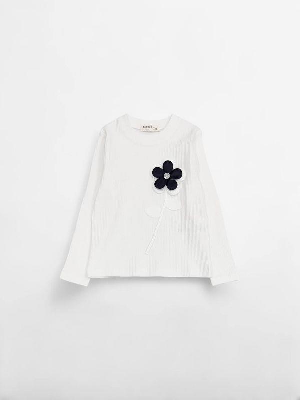 Kız Çocuk Fitilli Çiçek Detaylı İnce Uzun Kollu Bluz