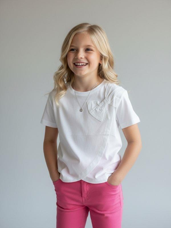 Kız Çocuk Fiyonk Detaylı Basic T-shirt