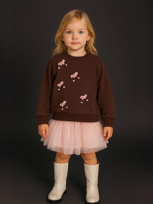 Kız Çocuk Fiyonk İşlemeli Sweatshirt