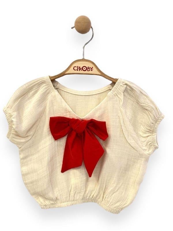 Kız Çocuk Fiyonklu Keten Kısa Bluz