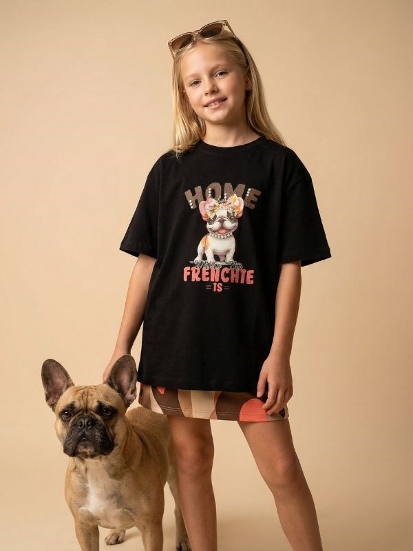 Kız Çocuk Frenchie Baskılı Oversize T-shirt
