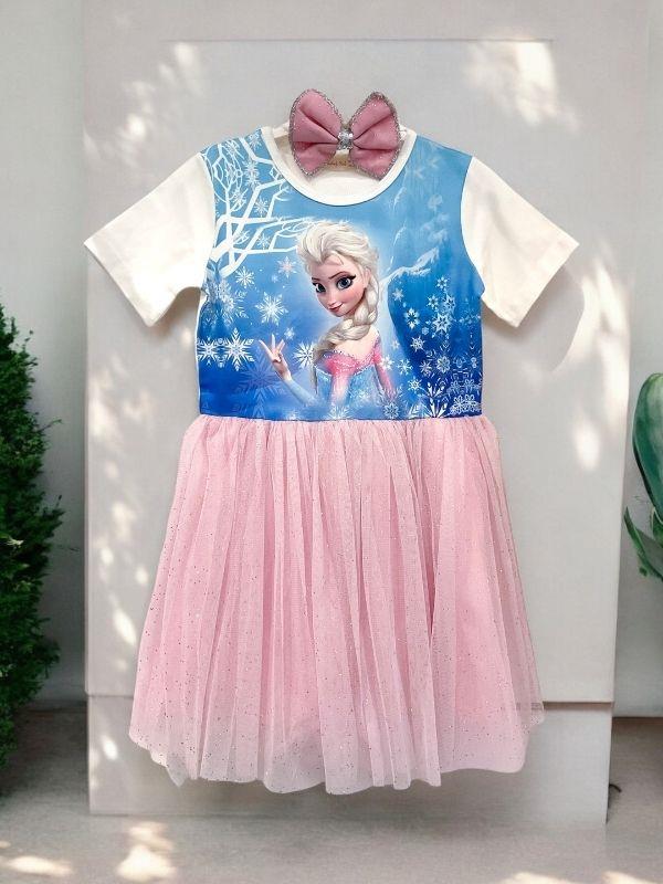 Kız Çocuk Frozen Baskılı Tütülü Yarım Kollu Saç Bantlı Elbise