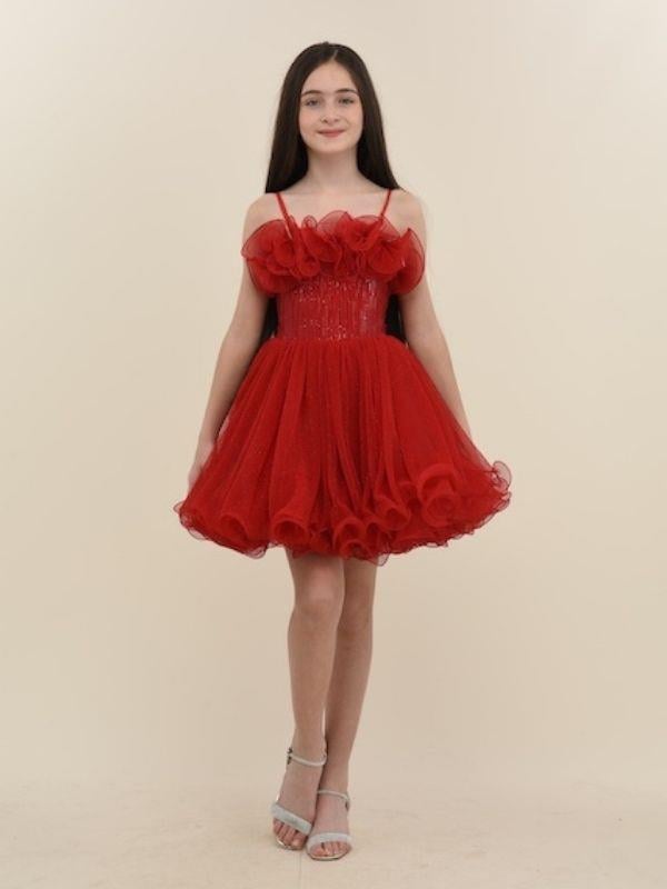 Kız Çocuk Göğsü Fırfırlı Pul Detaylı Kısa Tasarım Abiye Elbise