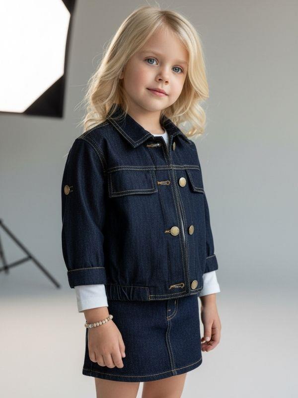 Kız Çocuk Gold Düğme Detaylı Yumuşak Dokulu Kot Ceket