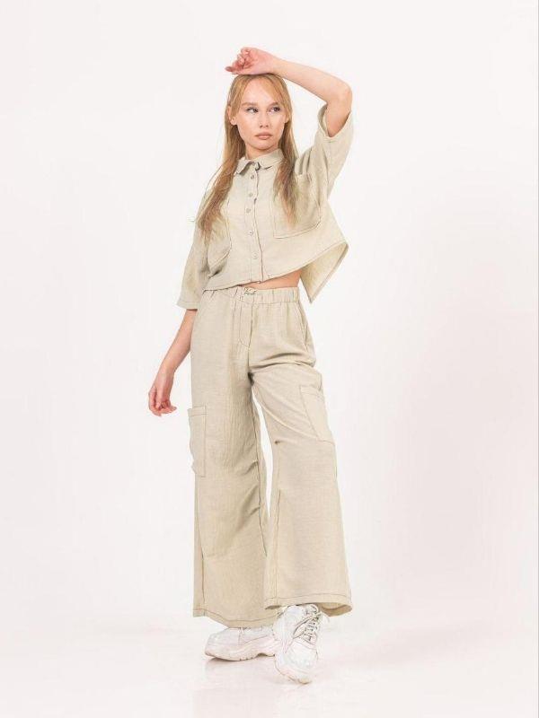 Kız Çocuk Gömlek Ceketli Bol Paça Pantolonlu Takım