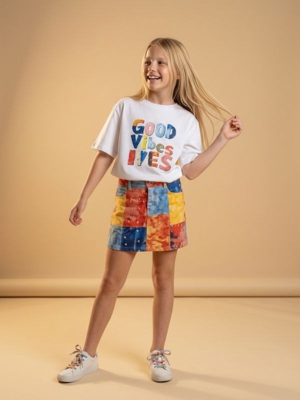 Kız Çocuk Good Vibes Baskılı Oversize T-shirt