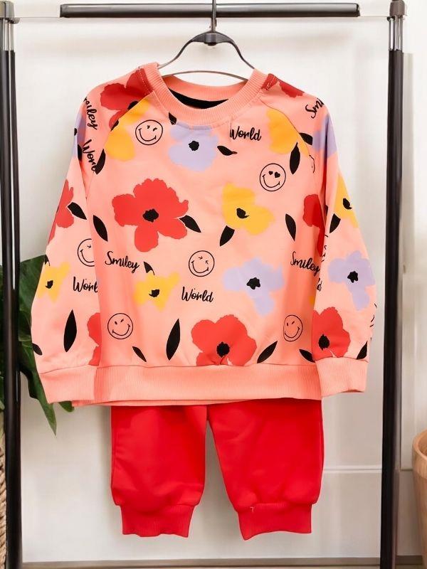Kız Çocuk Gülen Yüz Detaylı 2 İplik Eşofman Takım
