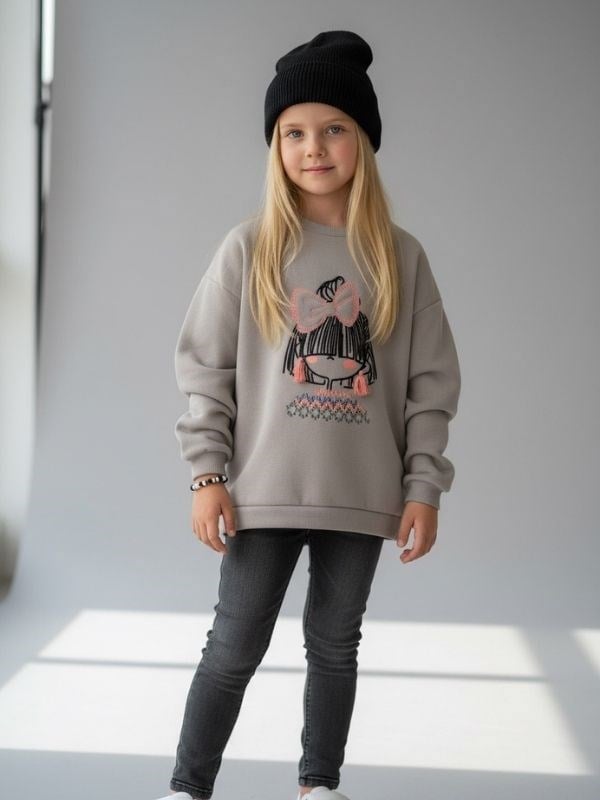 Kız Çocuk Kalın İçi Şardonlu Kız Figürlü Sweatshirt