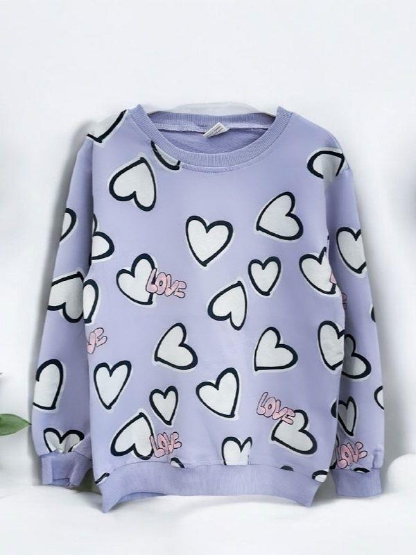 Kız Çocuk Kalp Desenli Pamuklu Sweatshirt