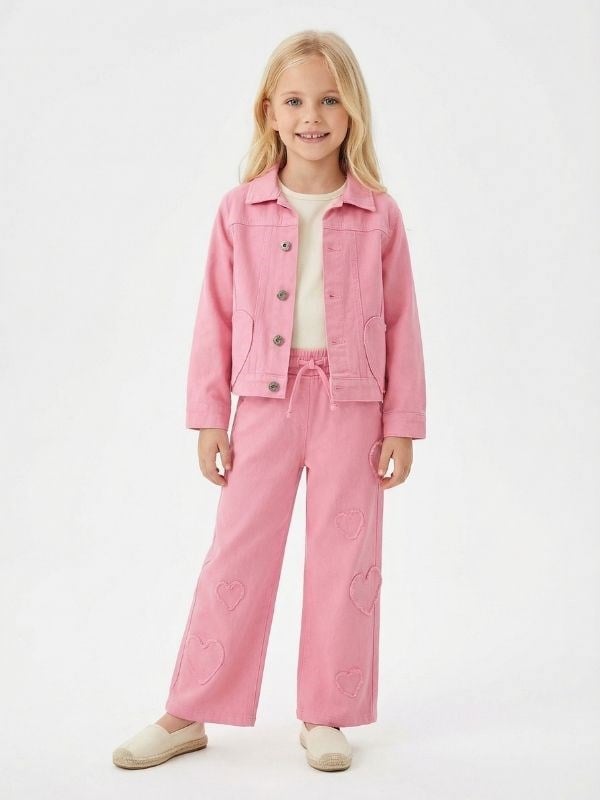 Kız Çocuk Kalp Detaylı Üçlü Takım (Ceket + Bluz + Pantolon)