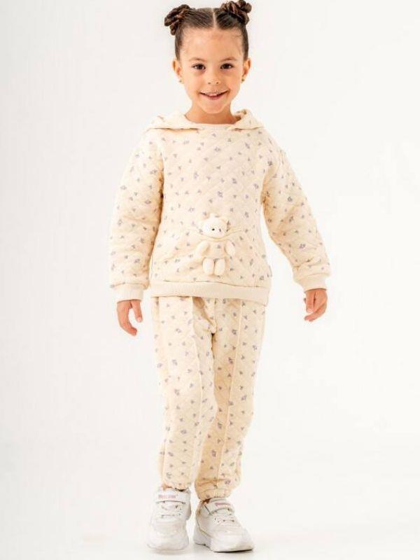 Kız Çocuk Kapitone Desenli Kapüşonlu Ayıcıklı Eşofman Takım
