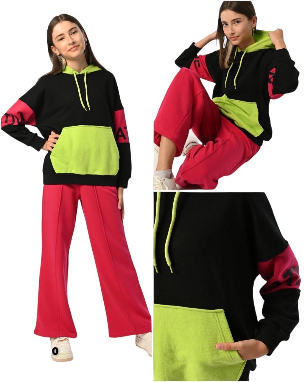 Kız Çocuk Kapüşonlu Neon Renk Bloklu Tasarım Sweatshirt