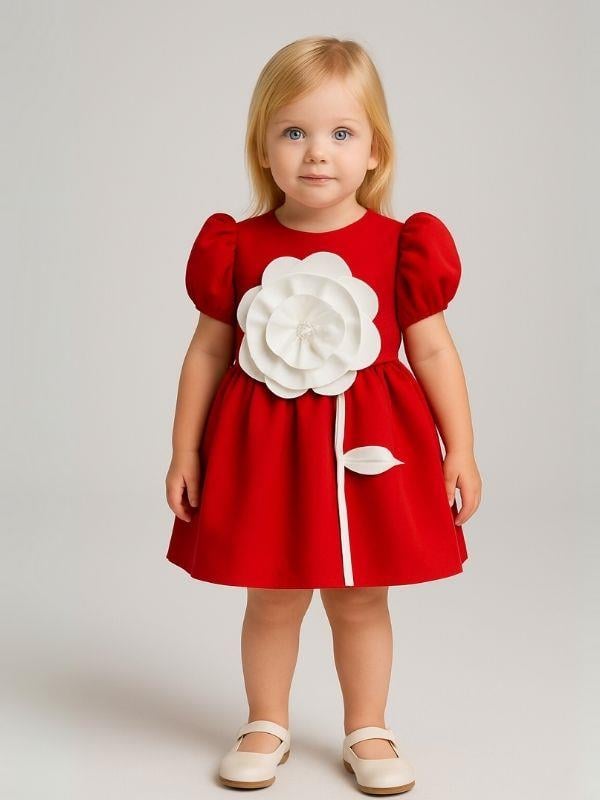 Kız Çocuk Karpuz Kol Çiçek İşlemeli Özel Gün Elbisesi