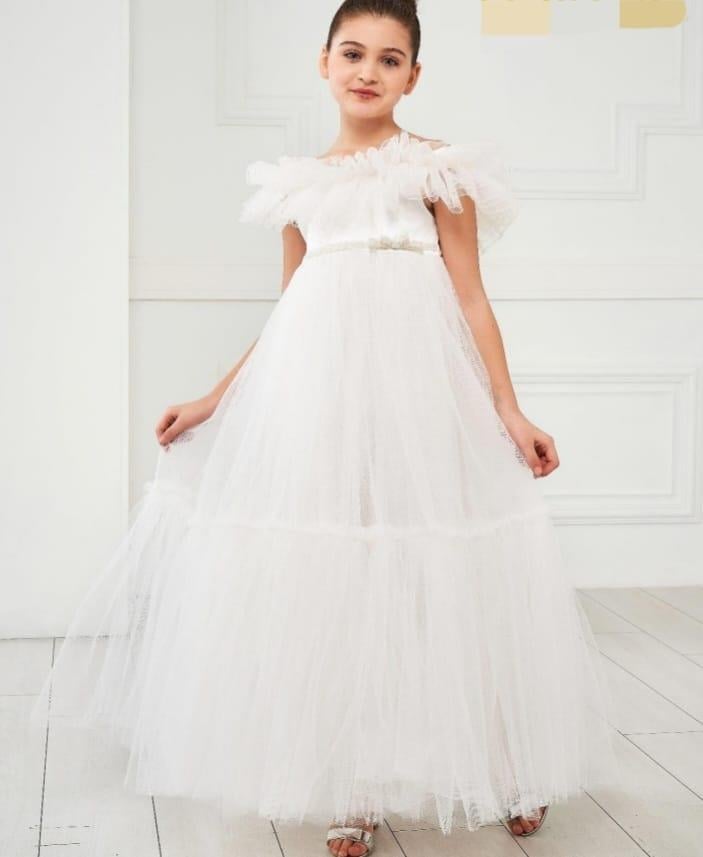 Kız Çocuk Katlı Fırfırlı Uzun Abiye Elbise