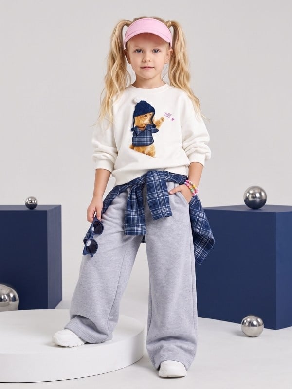 Kız Çocuk Kedi Baskılı Sweatshirt Ekose Gömlek Parçalı ve Bol Paça Eşofman Takımı
