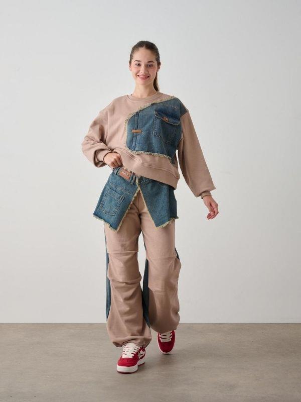 Kız Çocuk Kışlık Denim Garnilli 3 İplik Tasarım Pantolon