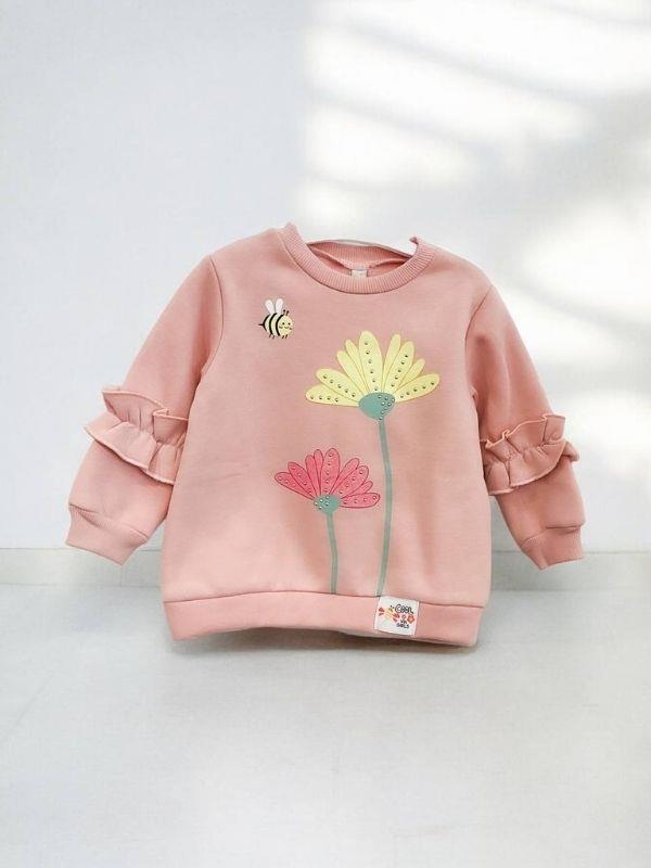 Kız Çocuk Kolları Fırfırlı İçi Şardonlu Çiçek Baskılı Sweatshirt