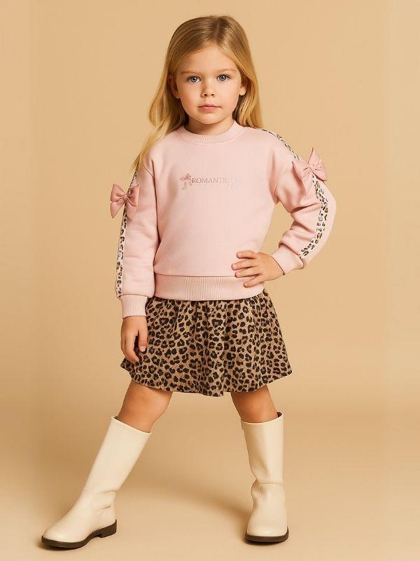 Kız Çocuk Kolları Leopar Şeritli Fiyonklu Sweatshirt