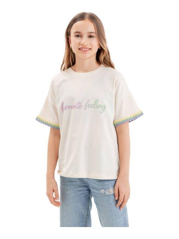 Kız Çocuk Kolları Örgü Detaylı Pamuklu T-shirt