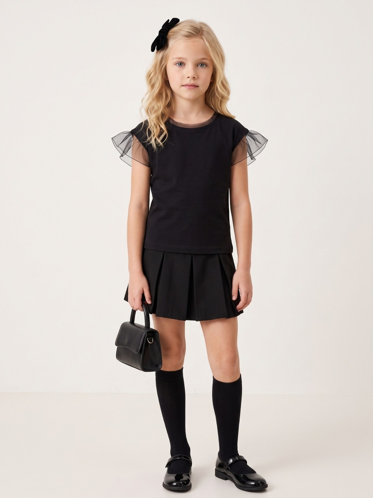 Kız Çocuk Kolları Tül Detaylı Tasarım T-shirt