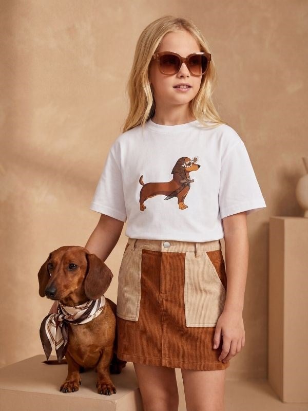 Kız Çocuk Köpek Baskılı Taş Detaylı Tasarım T-shirt