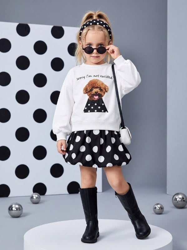 Kız Çocuk Köpek Baskılı ve Yazı Detaylı Bisiklet Yaka Sweatshirt