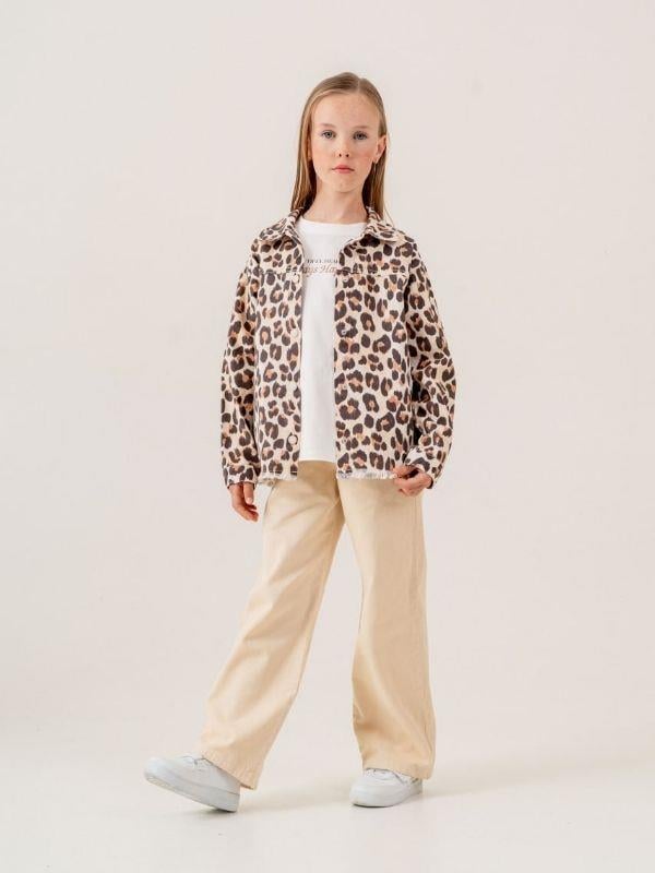 Kız Çocuk Leopar Desenli Kot Ceket İçi T-shirt Takım